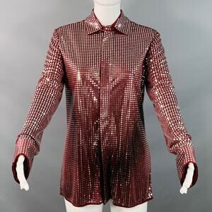 BOTTEGA VENETA Fall 2019 Size S Burgundy Silver Satin Jersey Embellishment Shirt